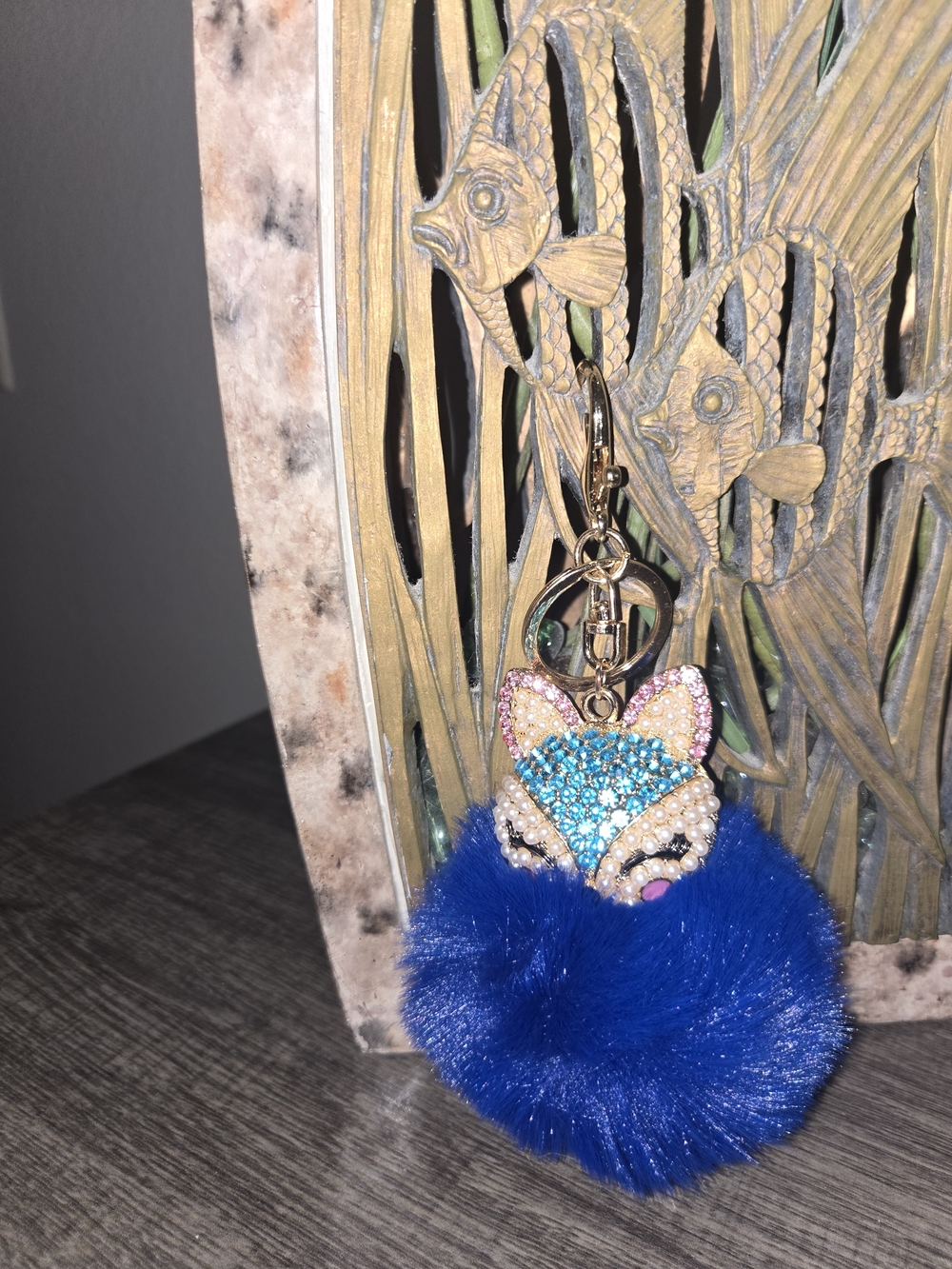 Blue Furry Fox Pom Pom Keychain